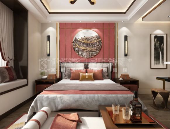 世纪豪门吊顶图片 中国红+新中式卧室装修效果图_4
